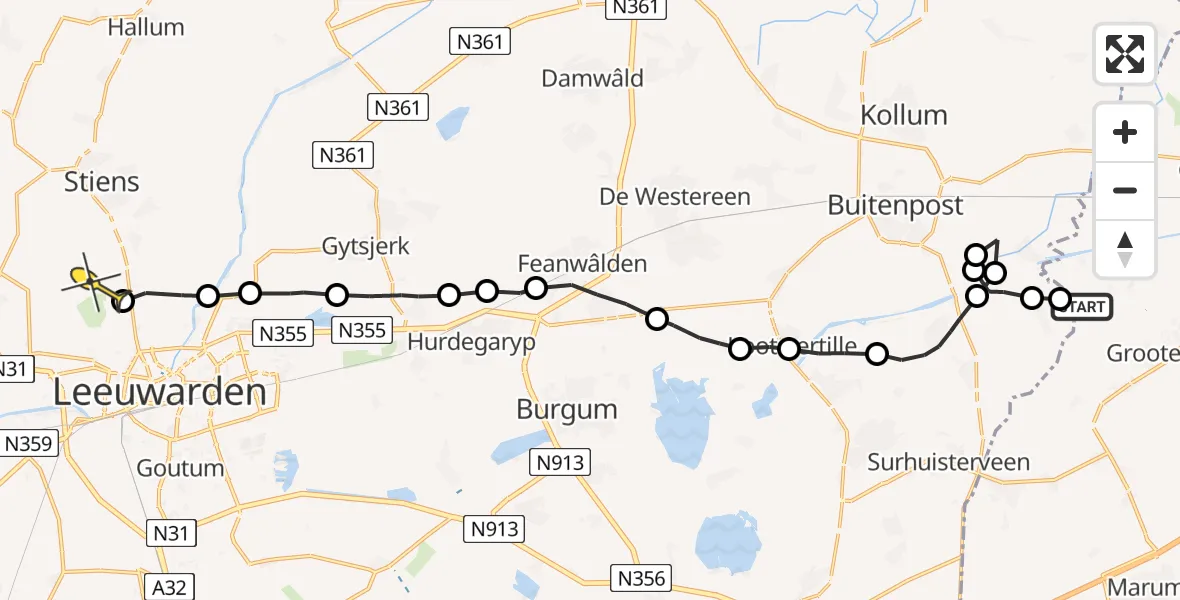 Routekaart van de vlucht: Ambulancehelikopter naar Vliegbasis Leeuwarden