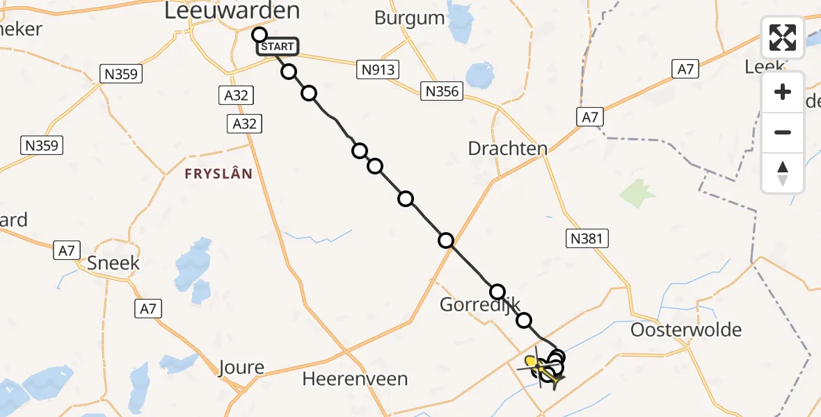 Routekaart van de vlucht: Ambulancehelikopter naar Jubbega