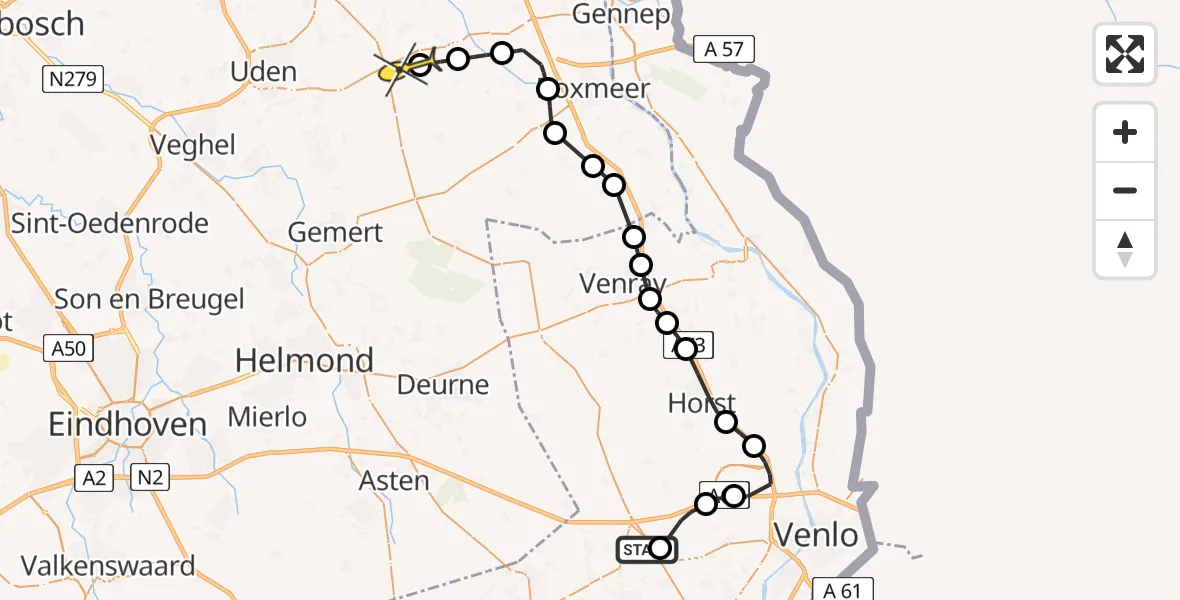 Routekaart van de vlucht: Politiehelikopter naar Wilbertoord