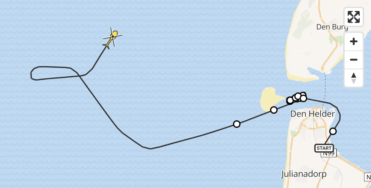 Routekaart van de vlucht: Kustwachthelikopter naar 