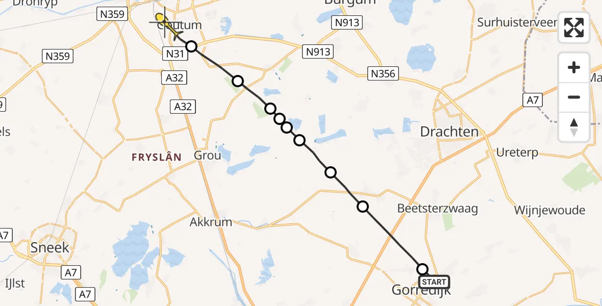 Routekaart van de vlucht: Ambulancehelikopter naar Leeuwarden