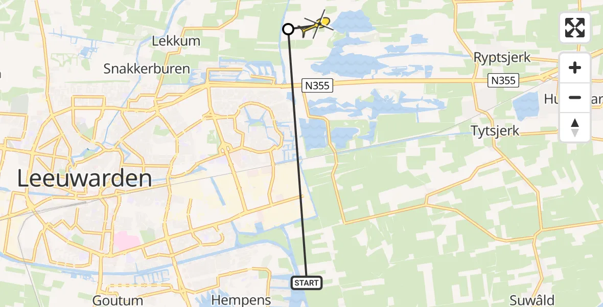 Routekaart van de vlucht: Ambulancehelikopter naar Leeuwarden