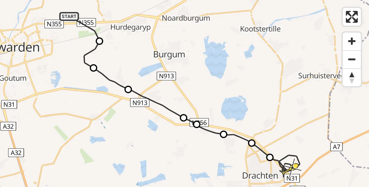 Routekaart van de vlucht: Ambulanceheli naar Vliegveld Drachten