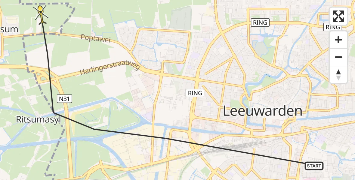 Vluchtroute Ambulancehelikopter van Leeuwarden naar Marsum