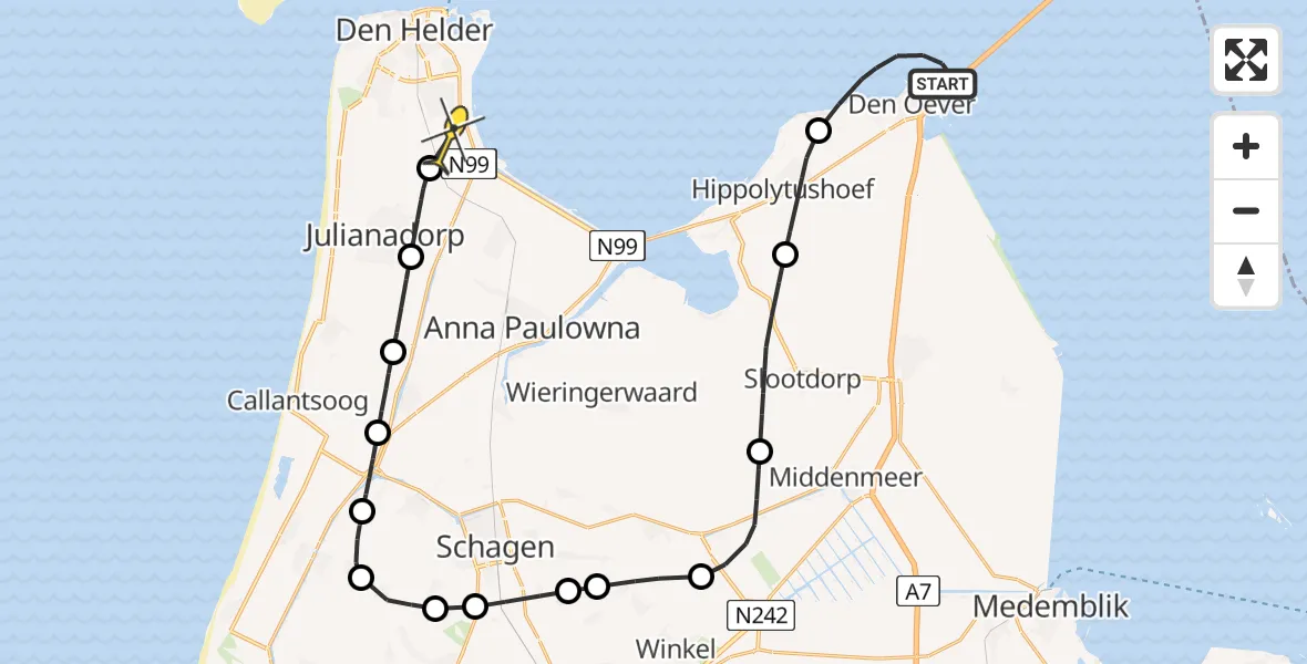 Routekaart van de vlucht: Kustwachthelikopter naar Vliegveld De Kooy