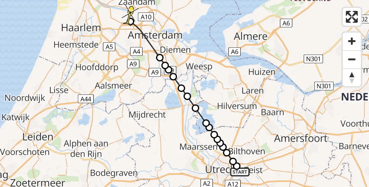 Routekaart van de vlucht: Lifeliner 1 naar Amsterdam Heliport