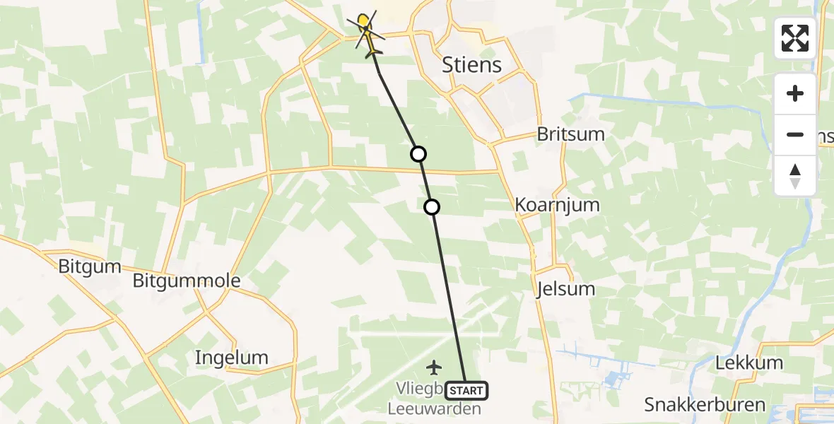 Routekaart van de vlucht: Ambulancehelikopter naar Stiens