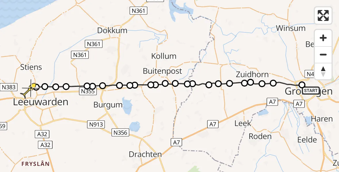 Vluchtroute Ambulancehelikopter van Universitair Medisch Centrum Groningen naar Vliegbasis Leeuwarden