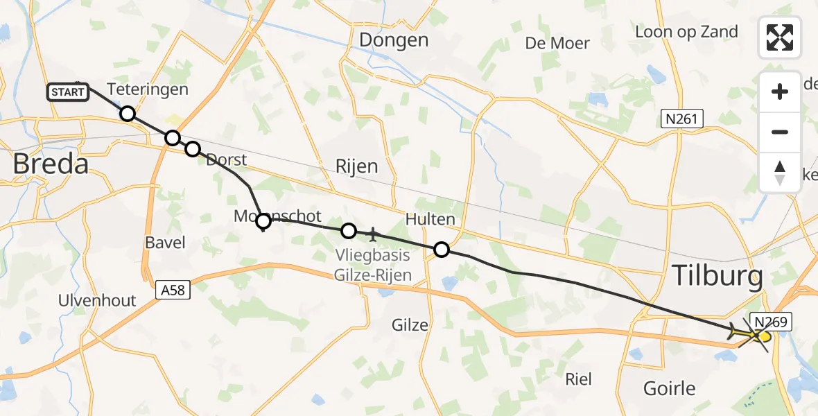 Routekaart van de vlucht: Lifeliner 3 naar Tilburg