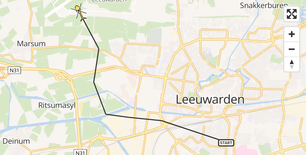 Vluchtroute Ambulancehelikopter van Leeuwarden naar Vliegbasis Leeuwarden