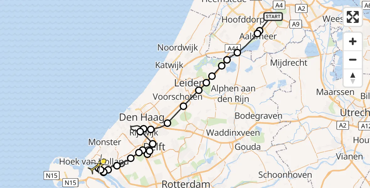 Routekaart van de vlucht: Politieheli naar Hoek van Holland