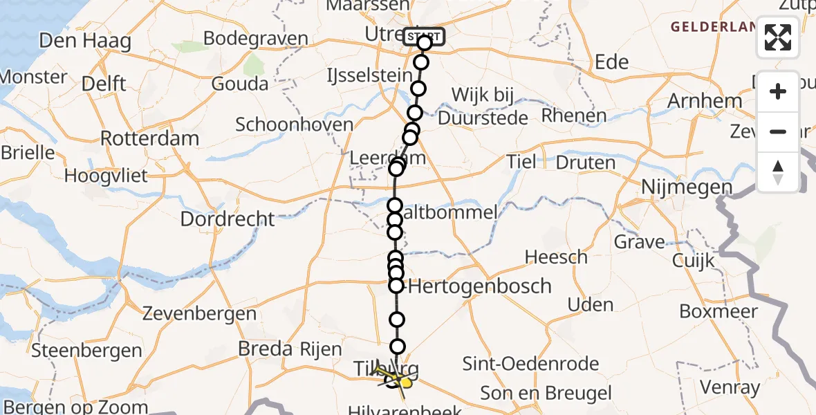 Vluchtroute Politiehelikopter van Universitair Medisch Centrum Utrecht naar Tilburg