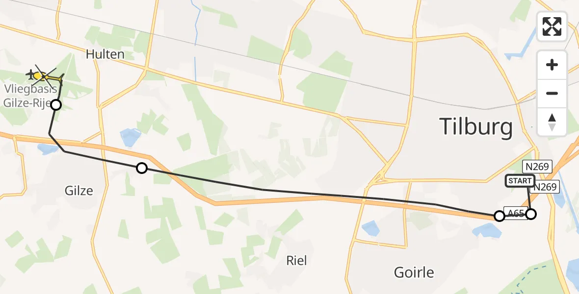 Vluchtroute Politiehelikopter van Tilburg naar Vliegbasis Gilze-Rijen