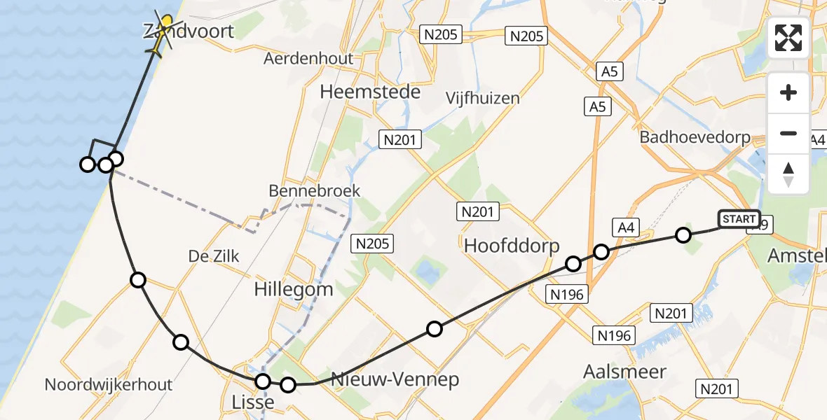 Routekaart van de vlucht: Politieheli naar Zandvoort