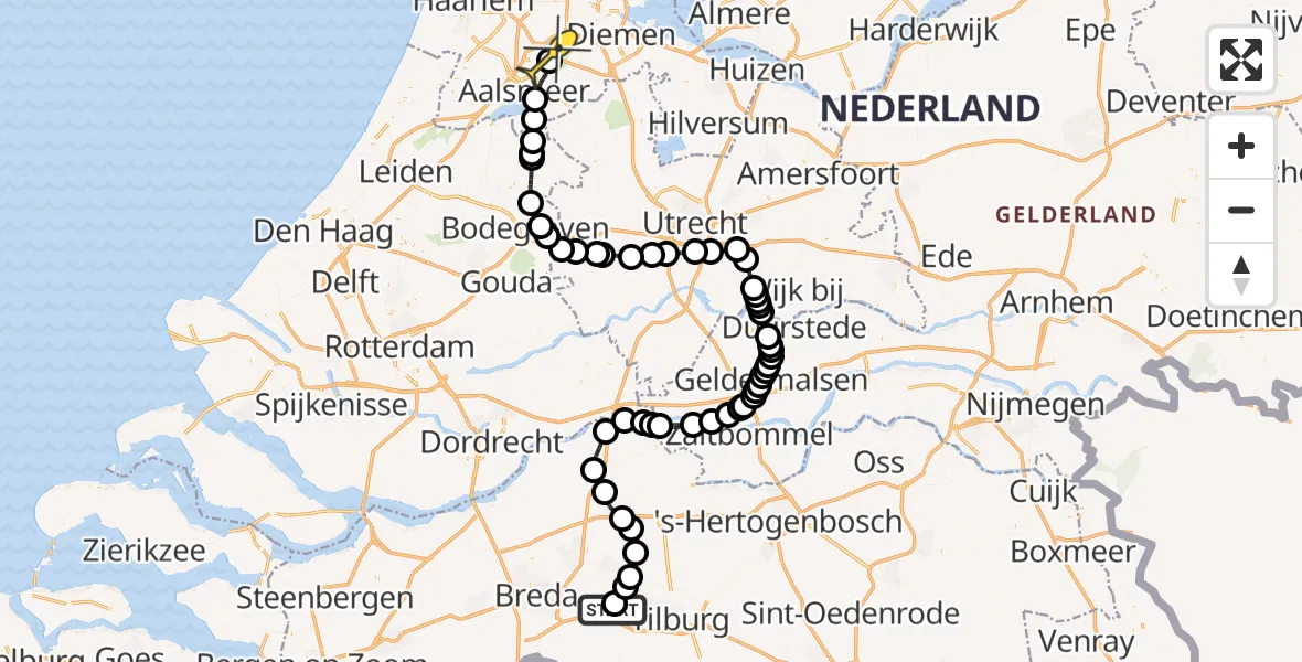 Routekaart van de vlucht: Politieheli naar Schiphol