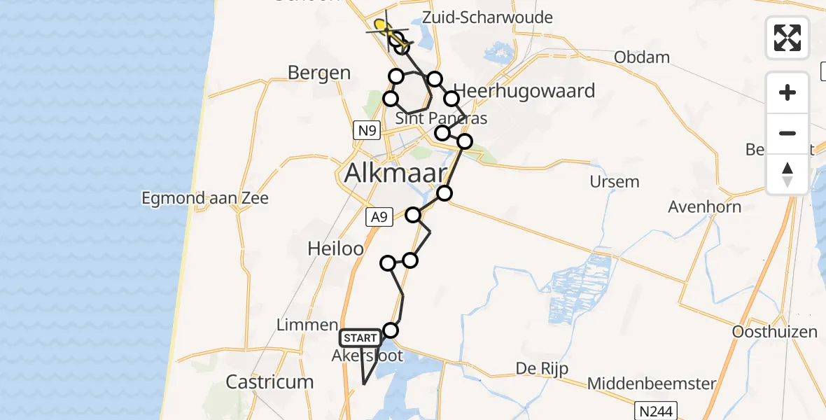 Routekaart van de vlucht: Ambulanceheli naar Koedijk
