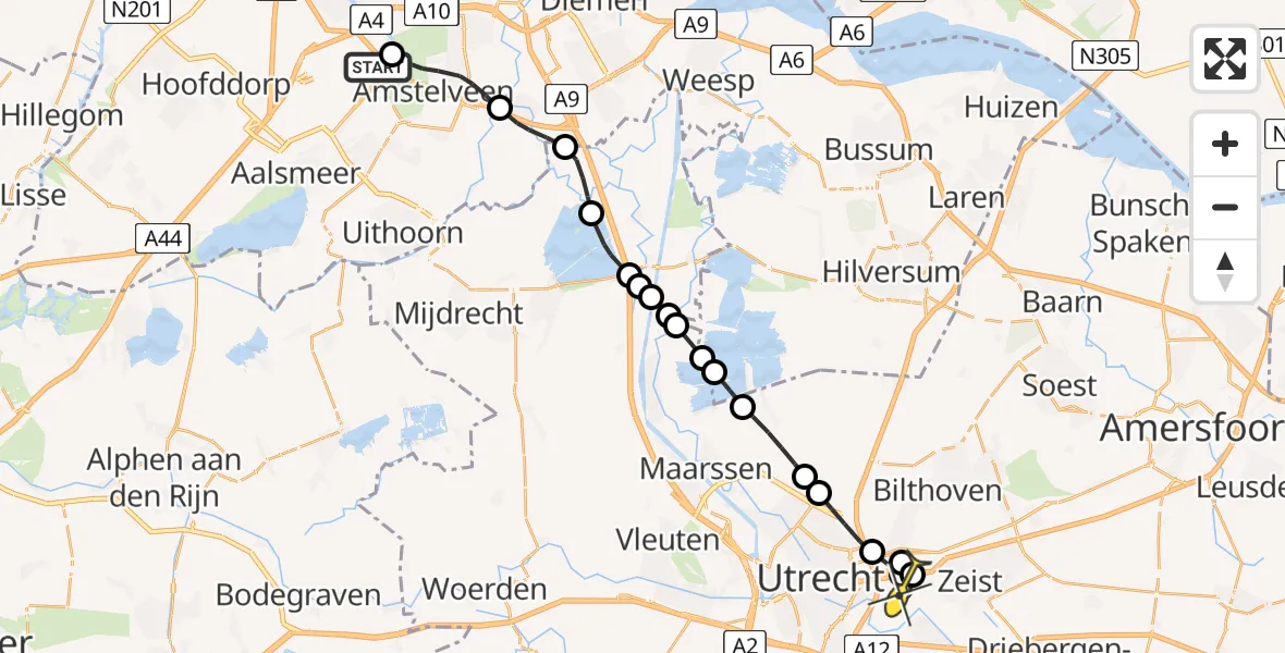 Routekaart van de vlucht: Politieheli naar Universitair Medisch Centrum Utrecht