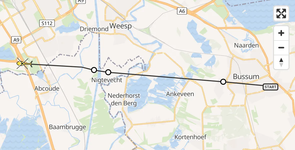 Routekaart van de vlucht: Politieheli naar Ouderkerk aan de Amstel