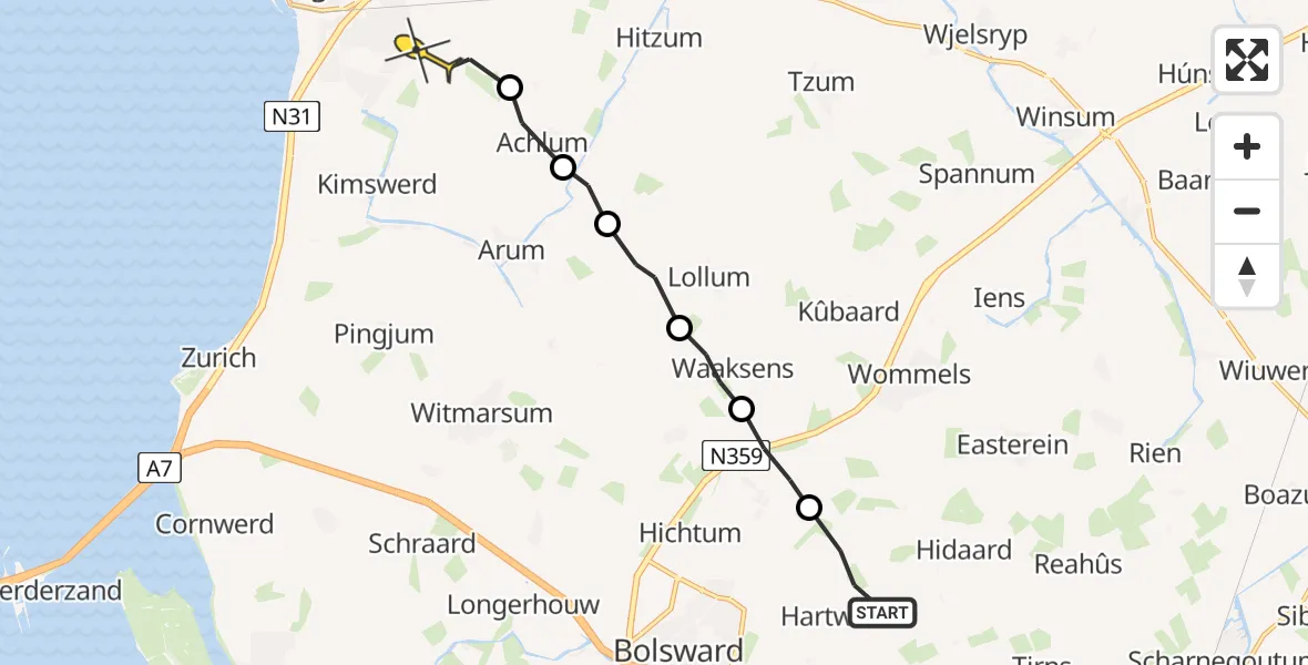 Routekaart van de vlucht: Ambulancehelikopter naar Harlingen