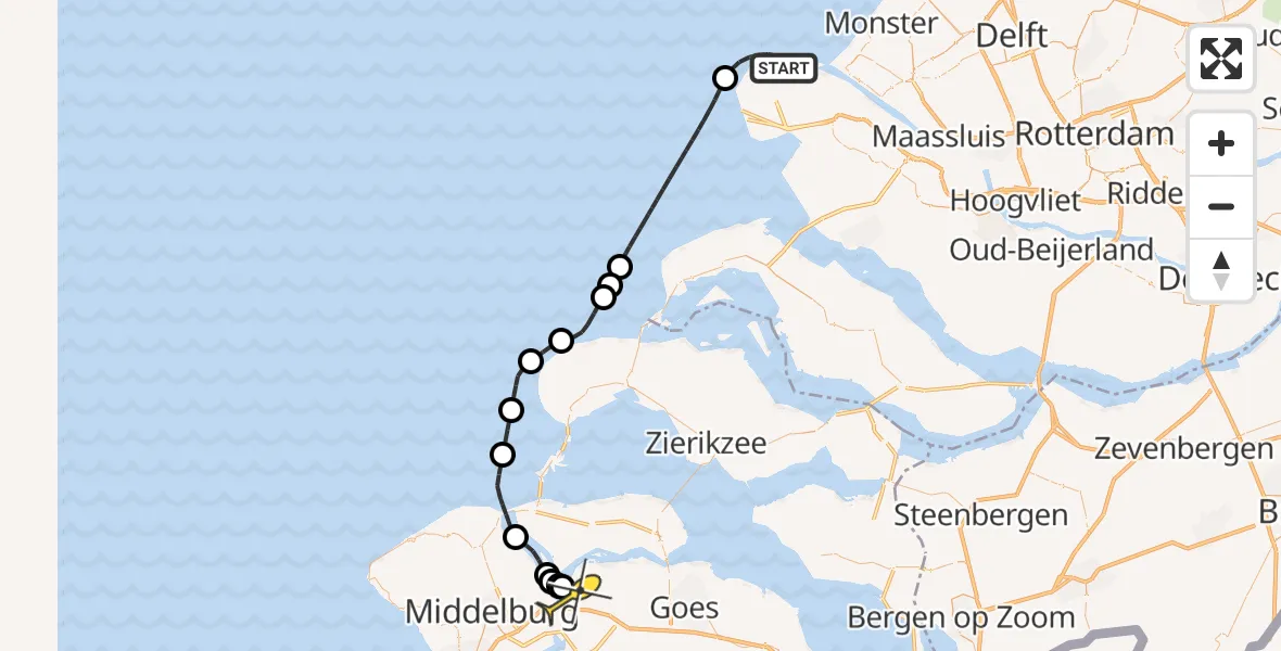 Routekaart van de vlucht: Kustwachthelikopter naar Vliegveld Midden-Zeeland