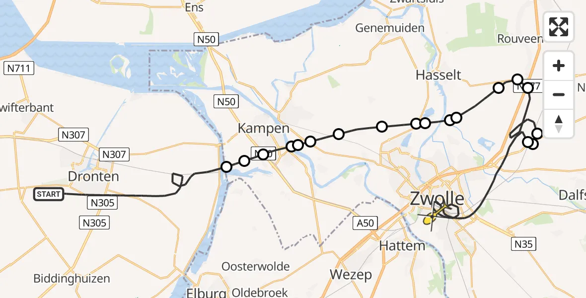 Routekaart van de vlucht: Politieheli naar Zwolle