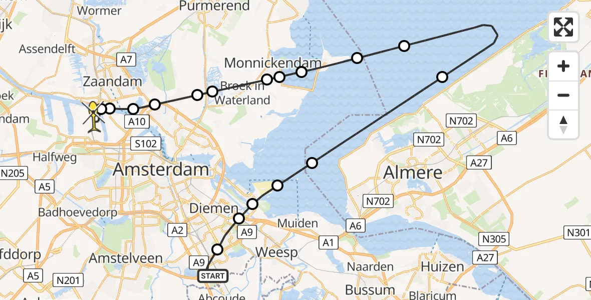 Routekaart van de vlucht: Lifeliner 1 naar Amsterdam Heliport