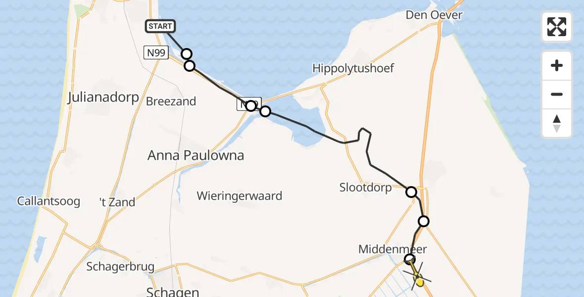 Routekaart van de vlucht: Kustwachthelikopter naar Middenmeer