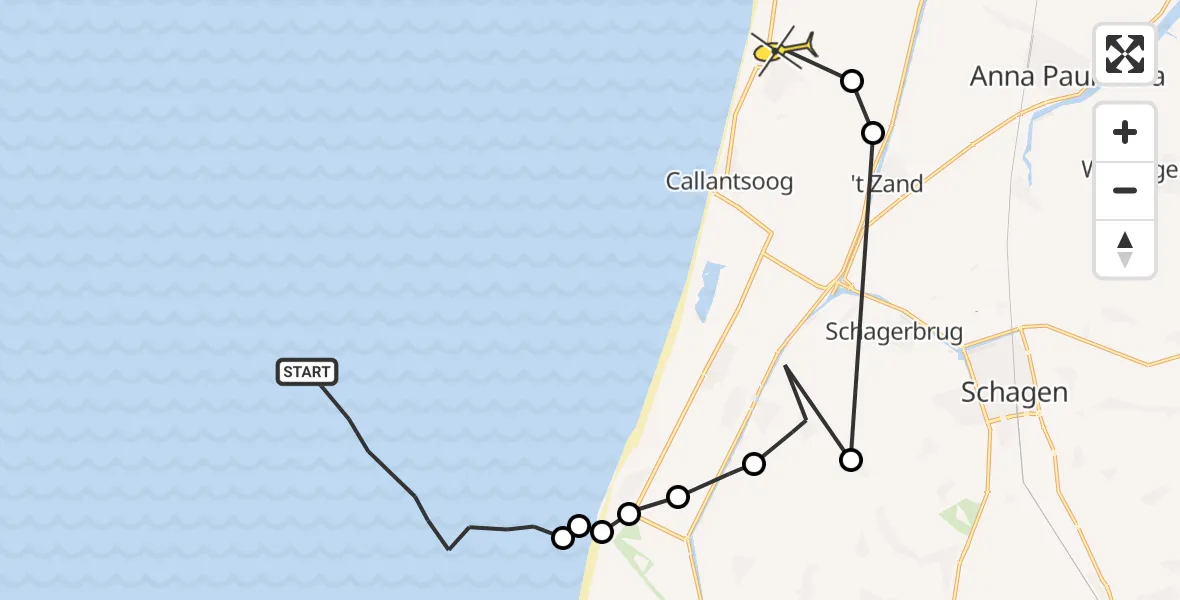 Routekaart van de vlucht: Kustwachthelikopter naar Callantsoog