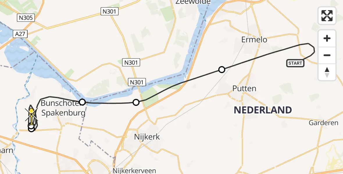 Routekaart van de vlucht: Politiehelikopter naar Bunschoten-Spakenburg