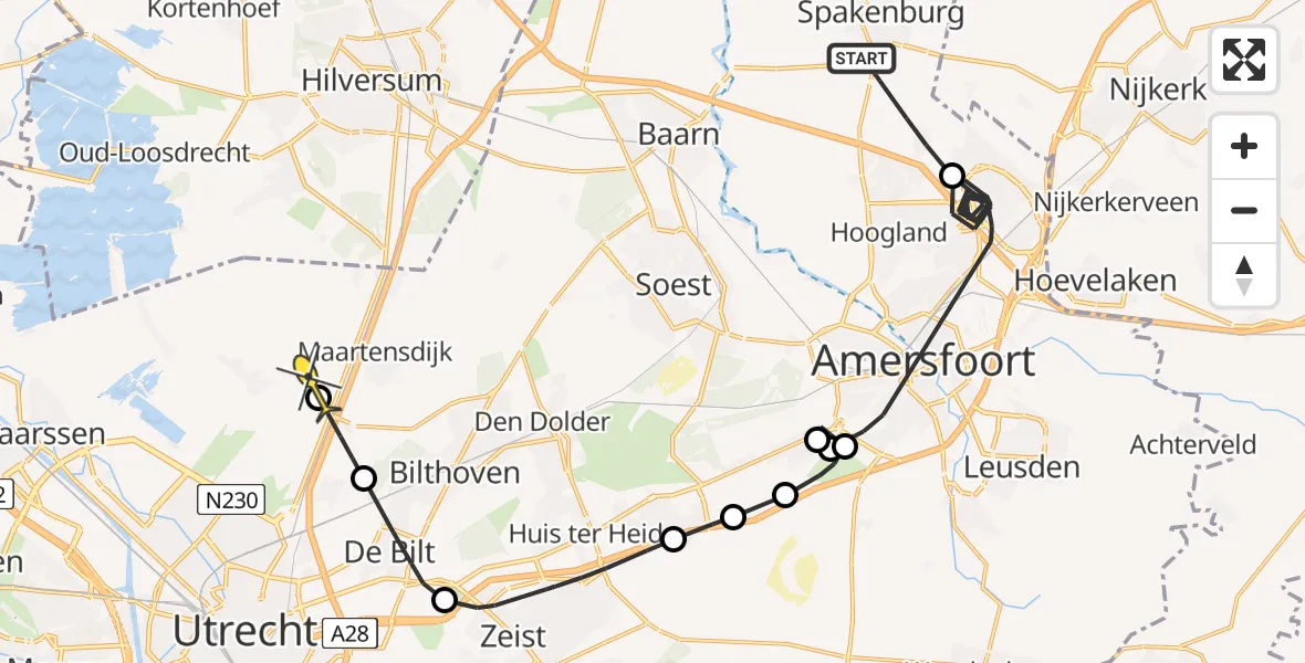 Routekaart van de vlucht: Politieheli naar Maartensdijk