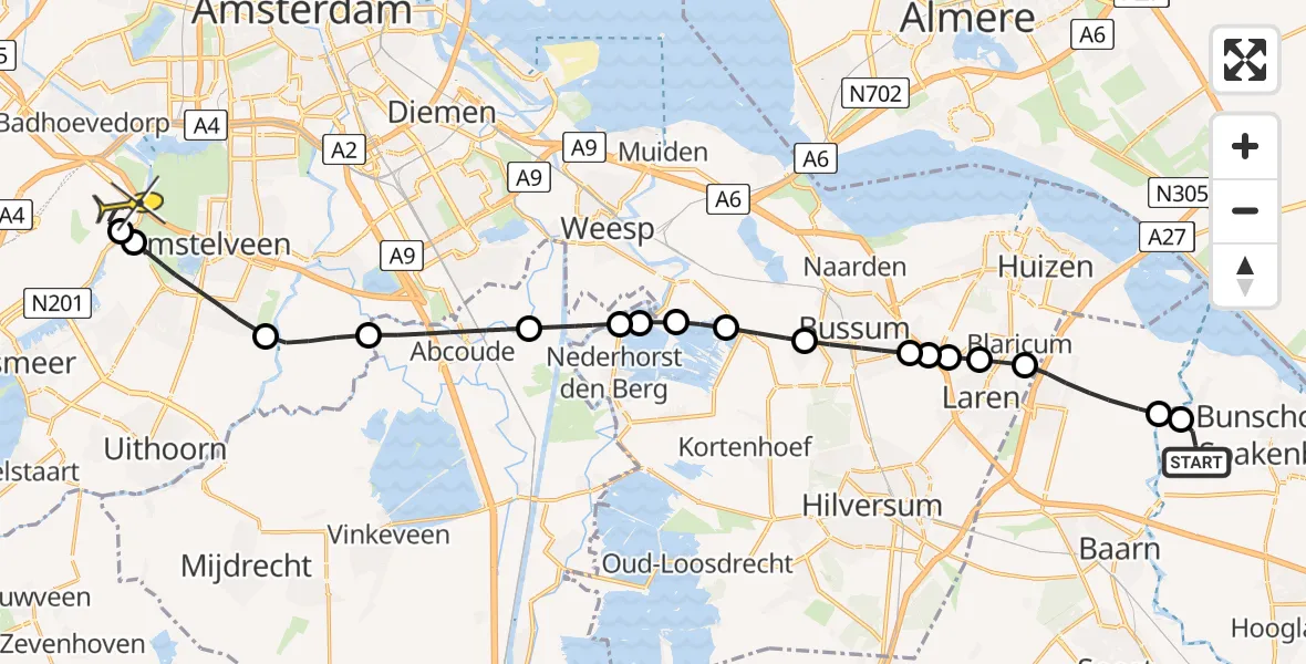 Routekaart van de vlucht: Politieheli naar Schiphol