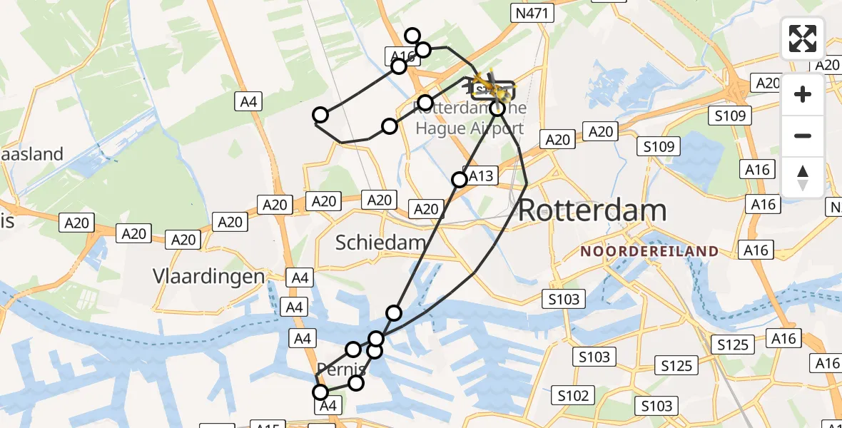 Vluchtroute Traumahelikopter Rotterdam The Hague Airport - Rotterdam The Hague Airport, 11 januari 2024, 20:42