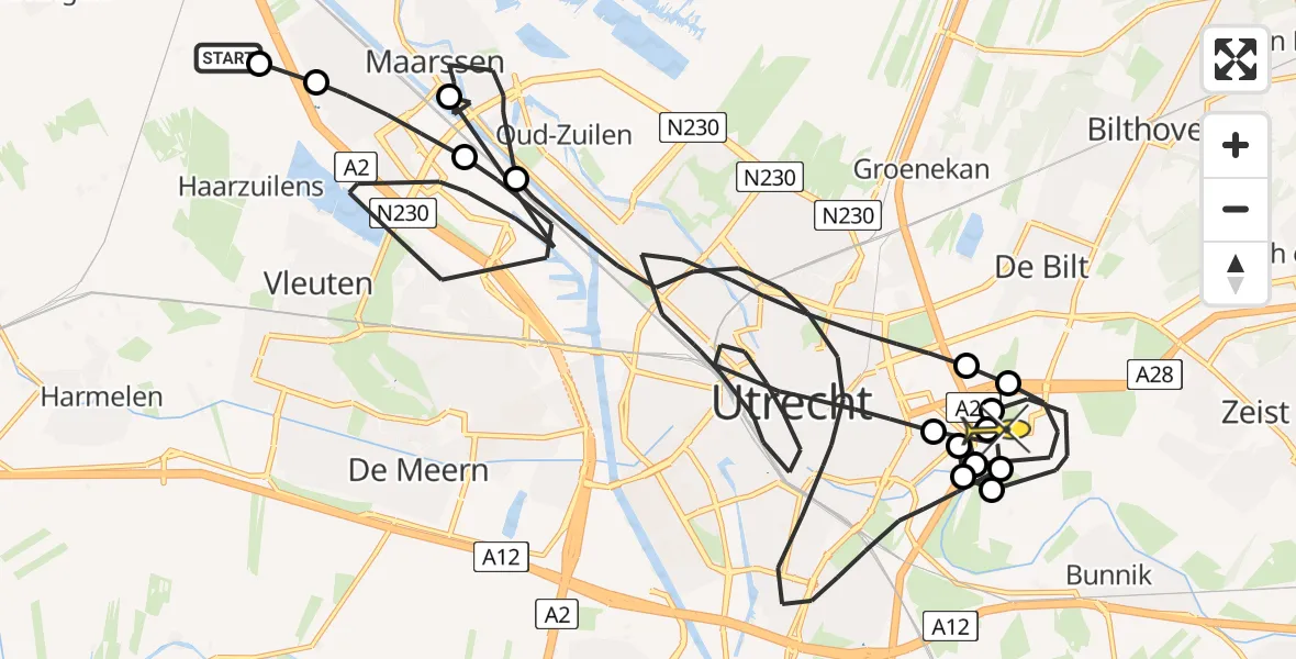 Routekaart van de vlucht: Politieheli naar Universitair Medisch Centrum Utrecht