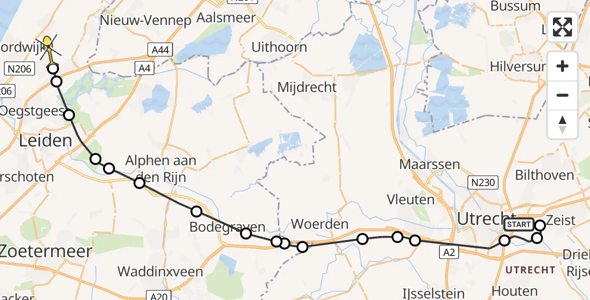 Routekaart van de vlucht: Politieheli naar Voorhout