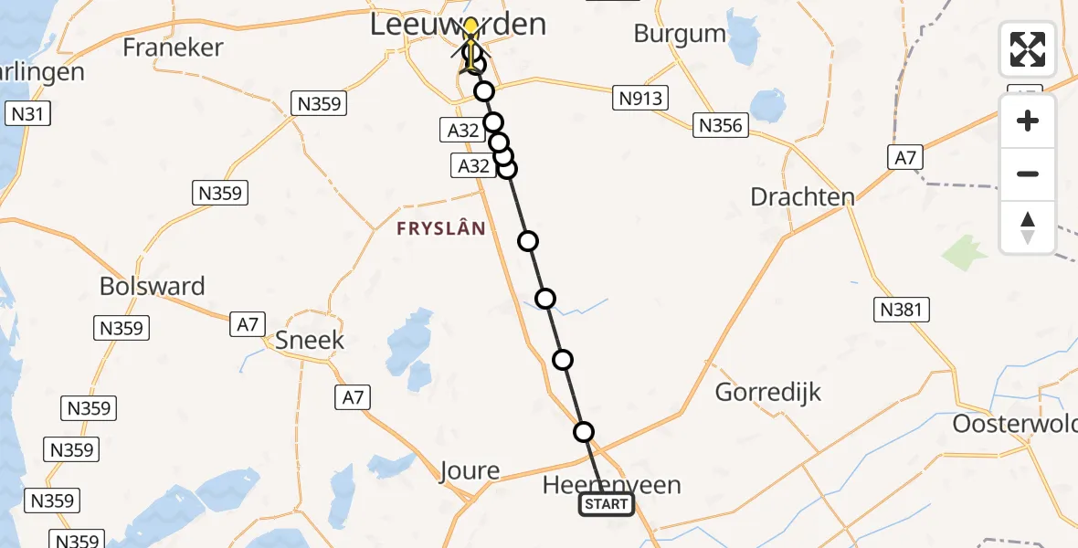Routekaart van de vlucht: Lifeliner 4 naar Leeuwarden
