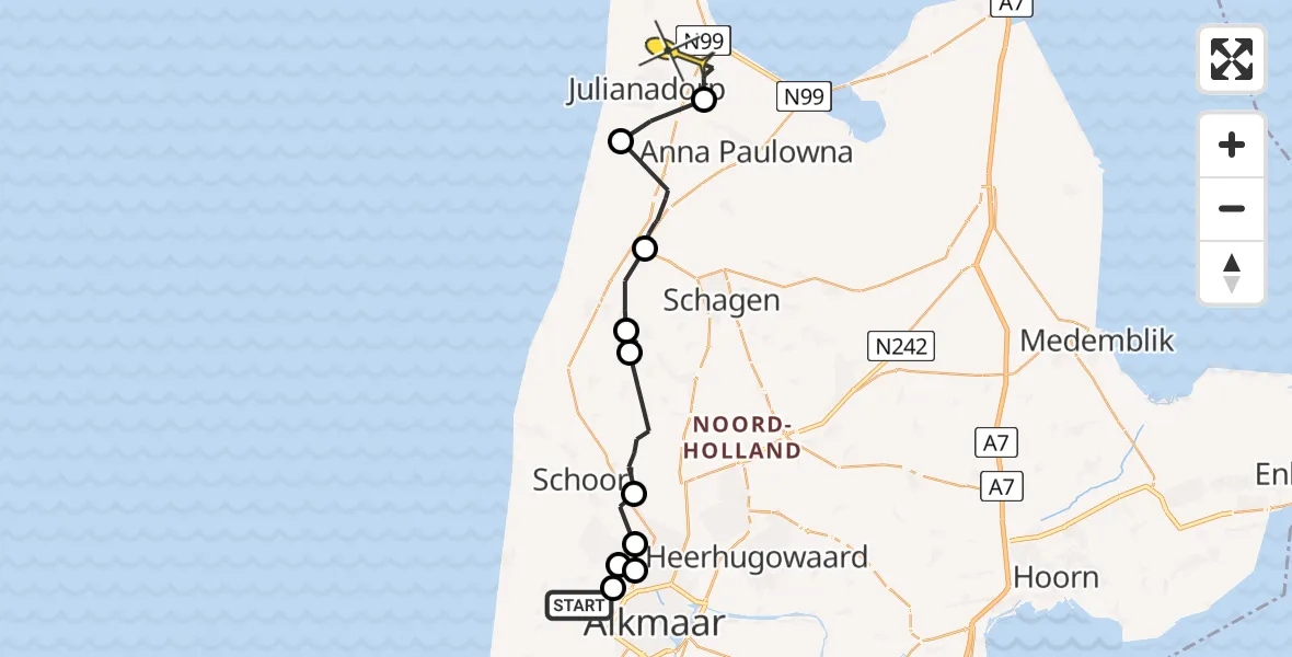 Routekaart van de vlucht: Kustwachthelikopter naar Julianadorp