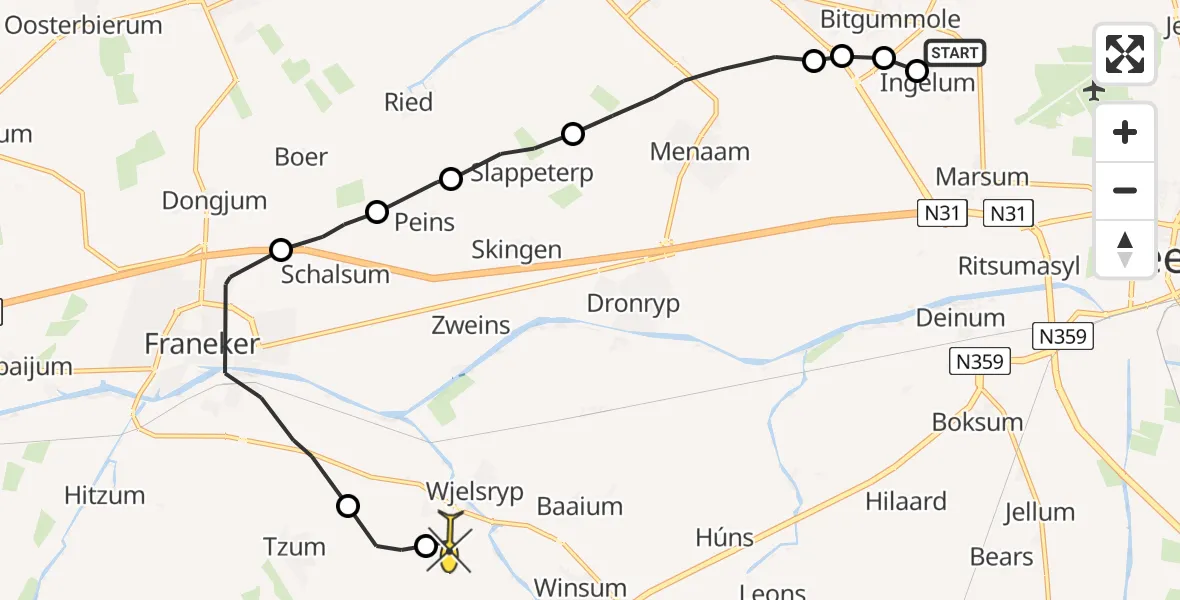 Routekaart van de vlucht: Ambulancehelikopter naar Wjelsryp