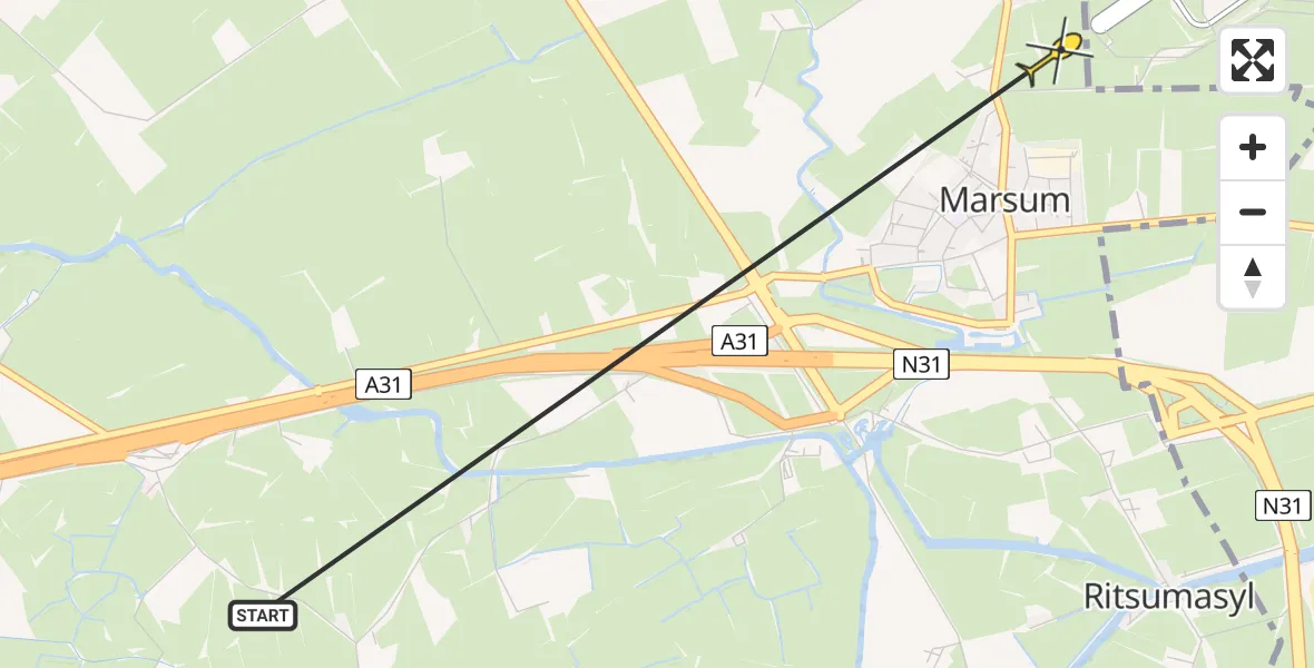 Vluchtroute Ambulancehelikopter van Marsum naar Marsum