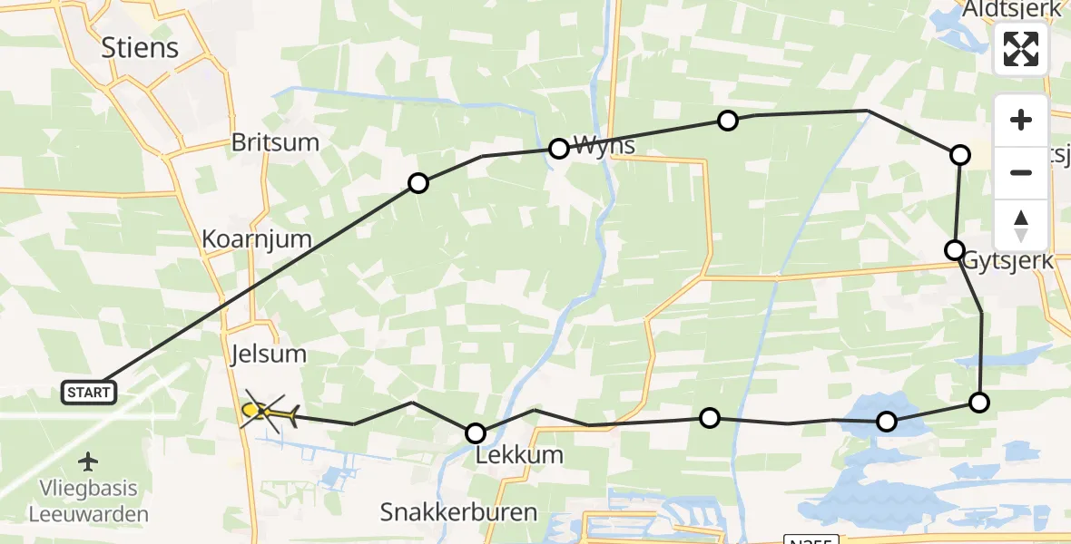 Routekaart van de vlucht: Ambulanceheli naar Vliegbasis Leeuwarden