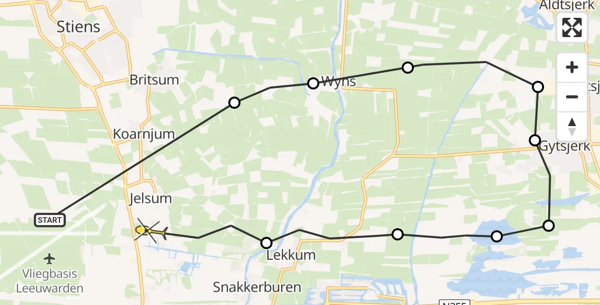 Vluchtroute Ambulancehelikopter van Vliegbasis Leeuwarden naar Vliegbasis Leeuwarden
