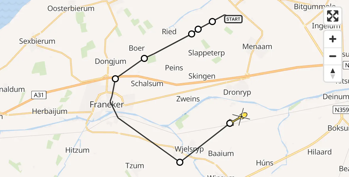 Routekaart van de vlucht: Ambulanceheli naar Dronryp