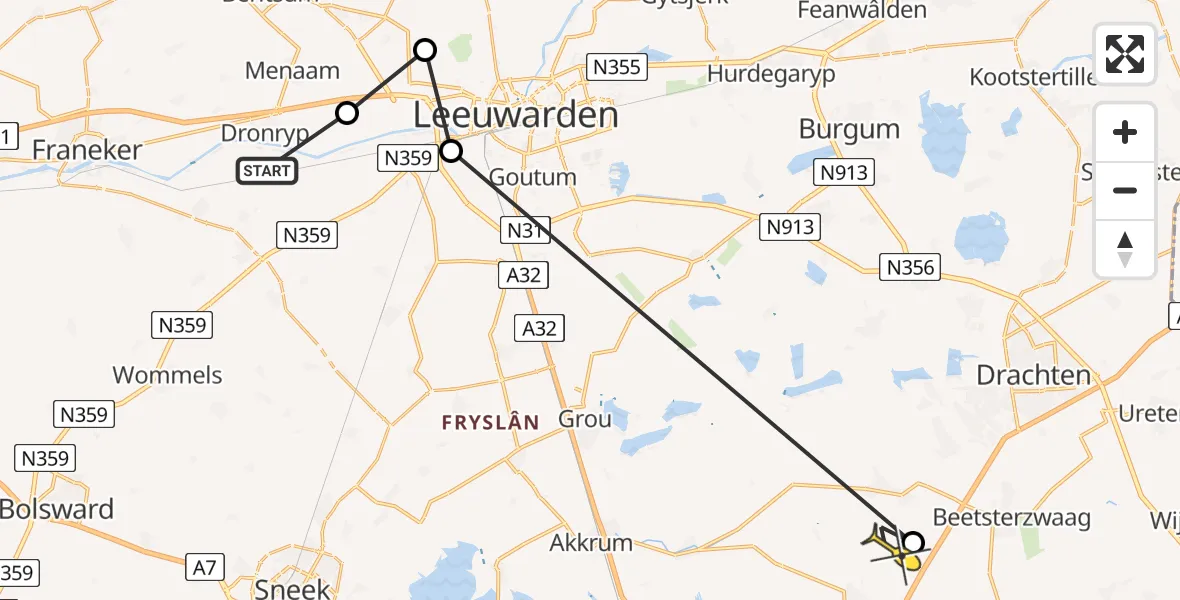 Routekaart van de vlucht: Ambulanceheli naar Terwispel