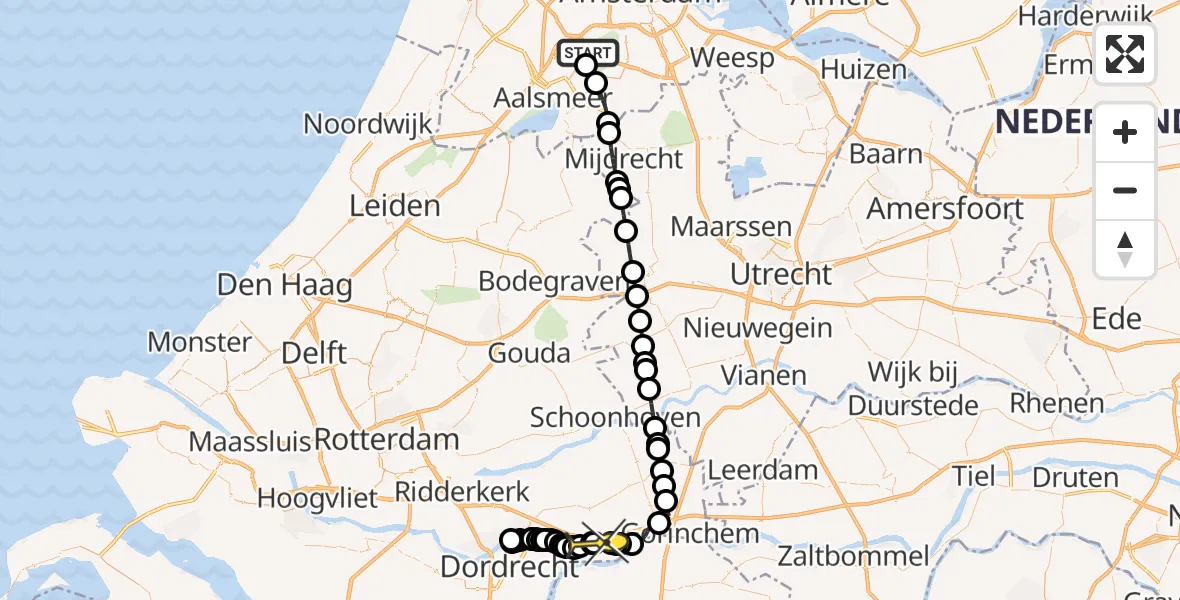 Routekaart van de vlucht: Politieheli naar Hardinxveld-Giessendam