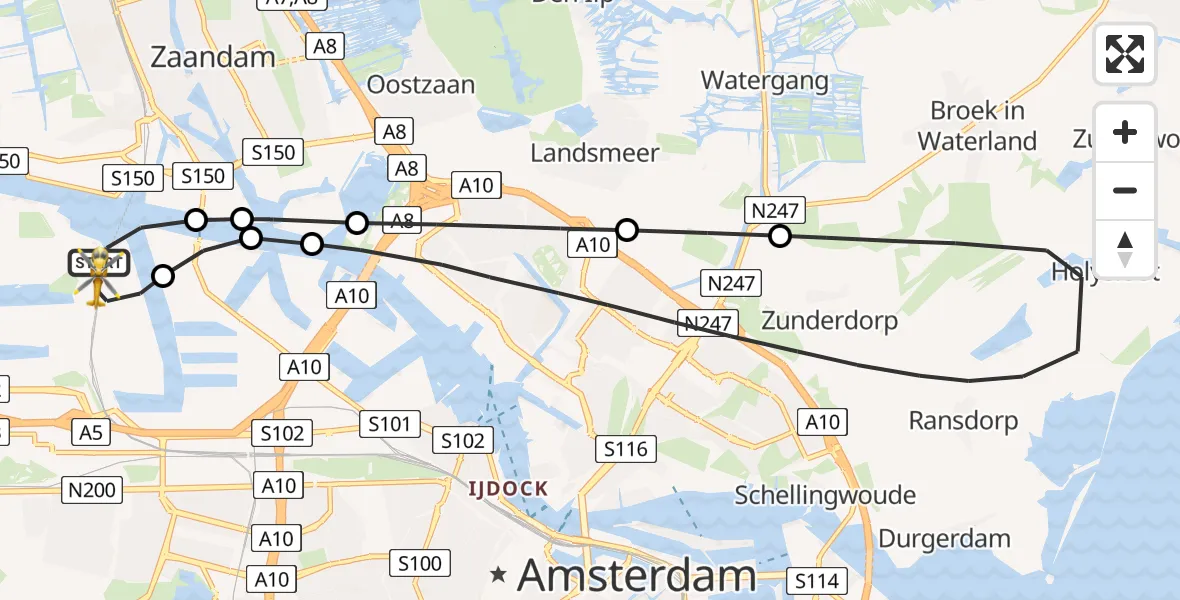 Vluchtroute Traumahelikopter Amsterdam Heliport - Amsterdam Heliport, 12 januari 2024, 14:49