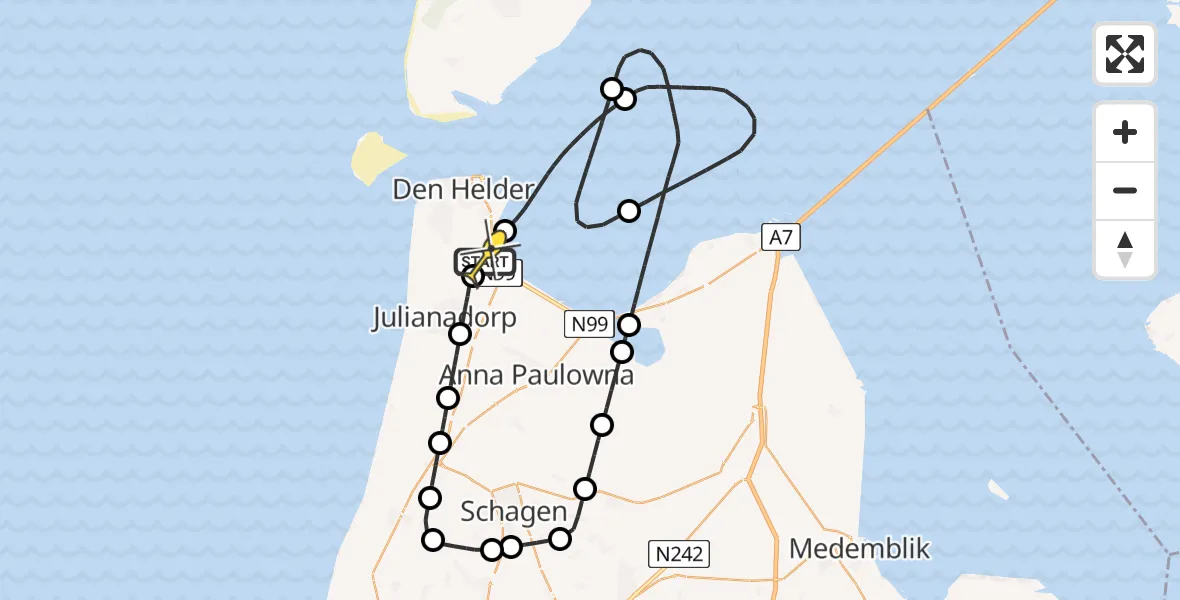 Routekaart van de vlucht: Kustwachthelikopter naar Vliegveld De Kooy