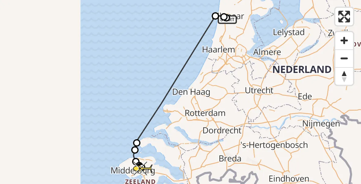 Routekaart van de vlucht: Kustwachthelikopter naar Vliegveld Midden-Zeeland