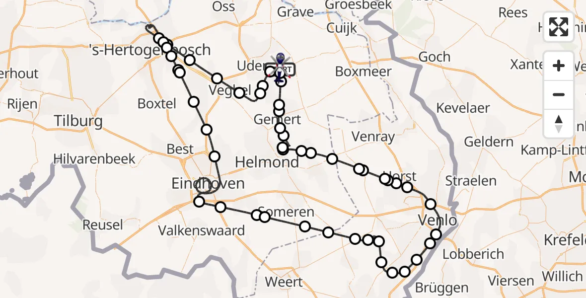 Vluchtroute Politiehelikopter van Vliegbasis Volkel naar Vliegbasis Volkel