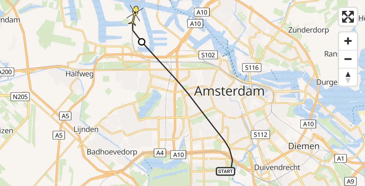 Routekaart van de vlucht: Lifeliner 1 naar Amsterdam Heliport