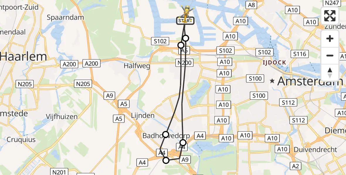 Vluchtroute Traumahelikopter Amsterdam Heliport - Amsterdam Heliport, 13 januari 2024, 10:05