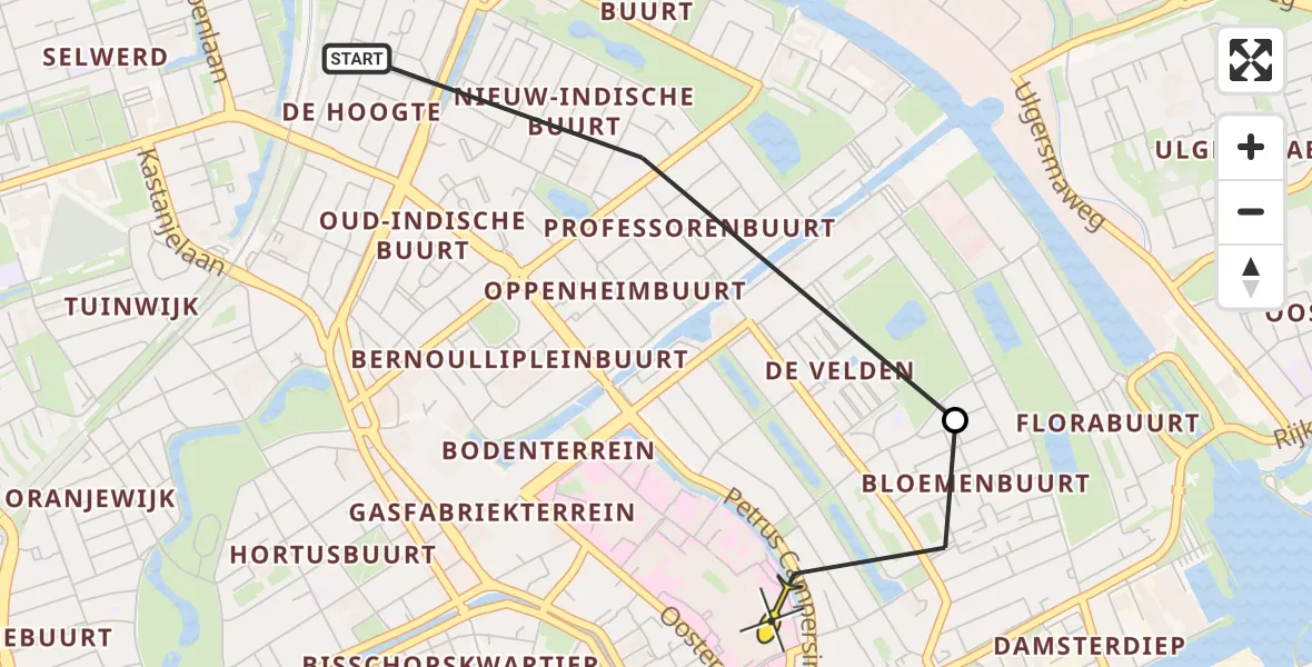 Routekaart van de vlucht: Ambulanceheli naar Universitair Medisch Centrum Groningen